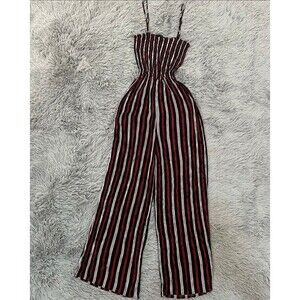 Spaghetti strap cami shirred red, white and black striped wide leg jumpsuit
